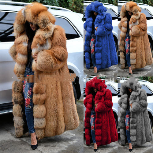 Faux Fur Coat Women Long Hooded Fur Coat