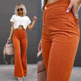 Solid Color Mid-waist Slim-fit Micro Flared Pants Corduroy