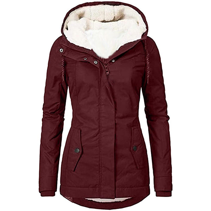 Solid Color Pocket Long-sleeve Zipper Fleece Padded Coat Women