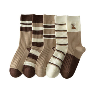 Women's Fashion Simple Coffee Color With Stripes All-matching Embroidered Cotton Socks