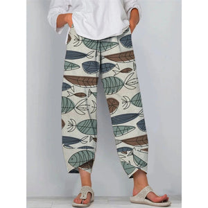 High Waist Gray Trousers Printed Stitching Loose Cropped Pants