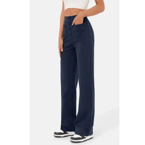 High Waist Trousers With Pockets Casual Loose Wide Leg Button Straight Pants Women's Clothing