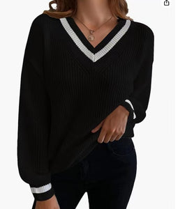 Casual Patchwork Contrast Color Loose Long Sleeve Women's Sweater