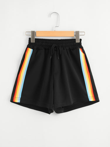 Women Rainbow Striped Elastic Shorts