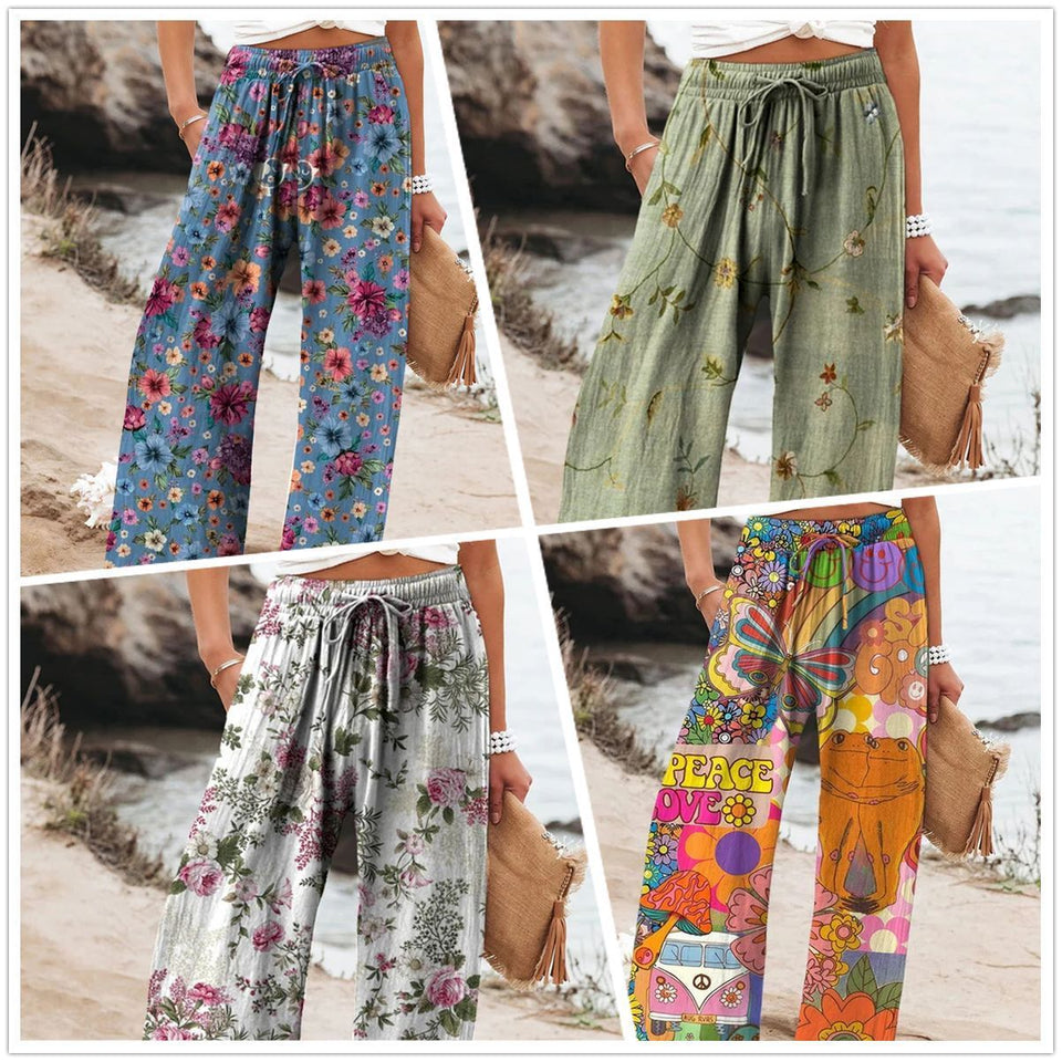 Fashionable Floral Art Printed Elastic Waist Drawstring Pocket Trousers