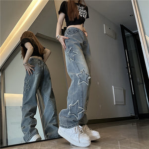 Blue XINGX Embroidered Jeans Women Loose Straight-leg Wide-leg Pants