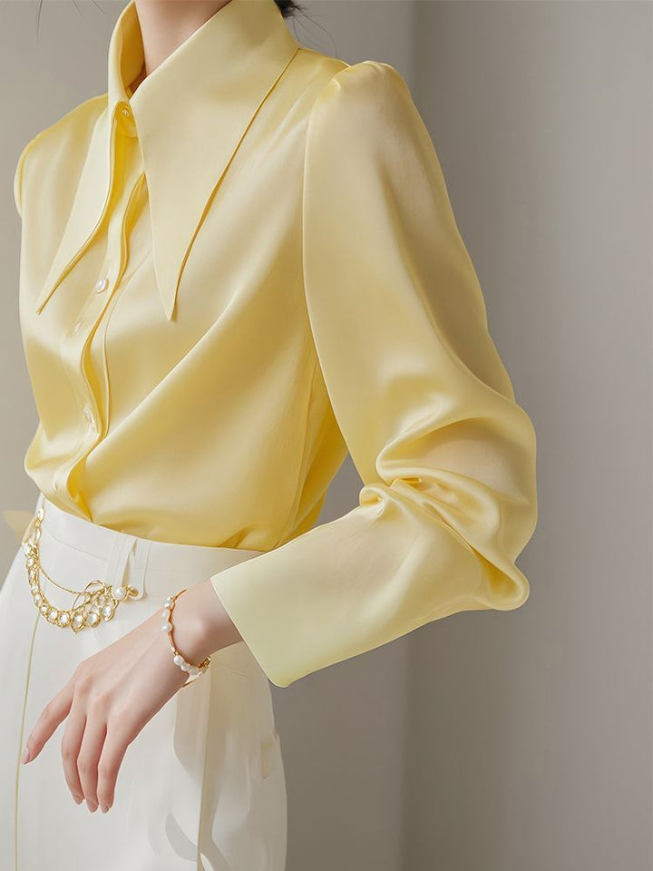 French Light Ripe Yellow Big Pointed Collar Long Sleeve Shirt