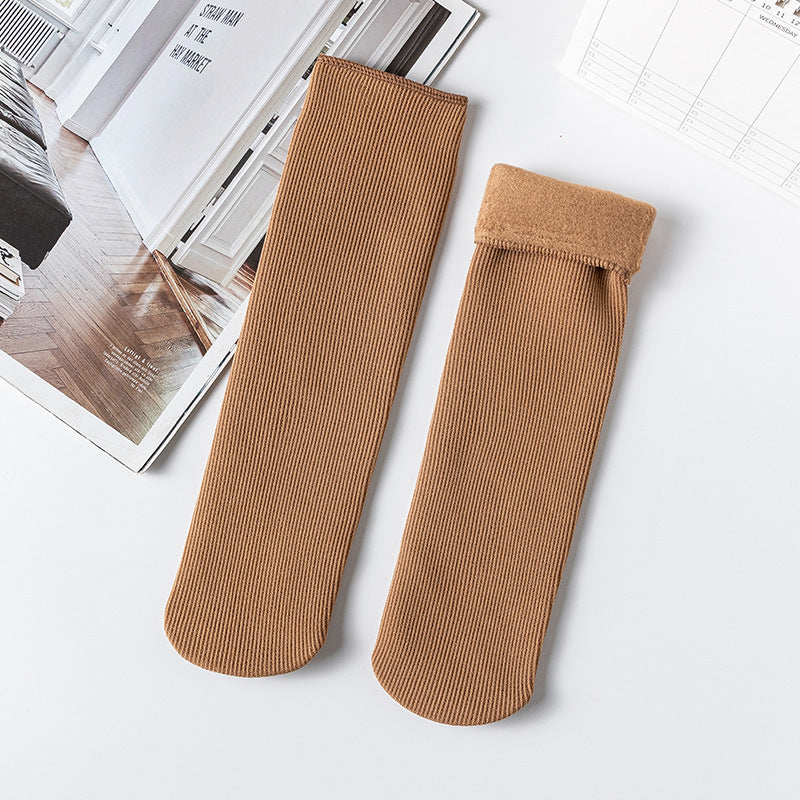 Women's Mid-calf Vertical Stripes Imitation Cashmere Fleece-lined Thickened Non-slip Warm Room Socks