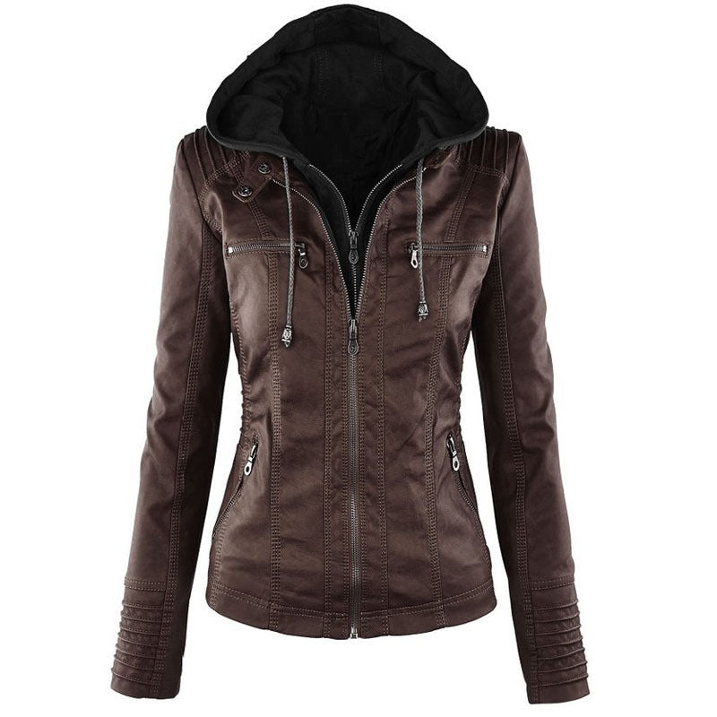 Fashion Detachable Hooded Jacket With Pockets Casual Solid Color Zipper Long Sleeve Leather Coat Autumn Winter Women's Clothing