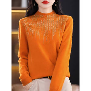 Women's Diamond-embedded Half-turtleneck Wool Sweater Bottoming Shirt