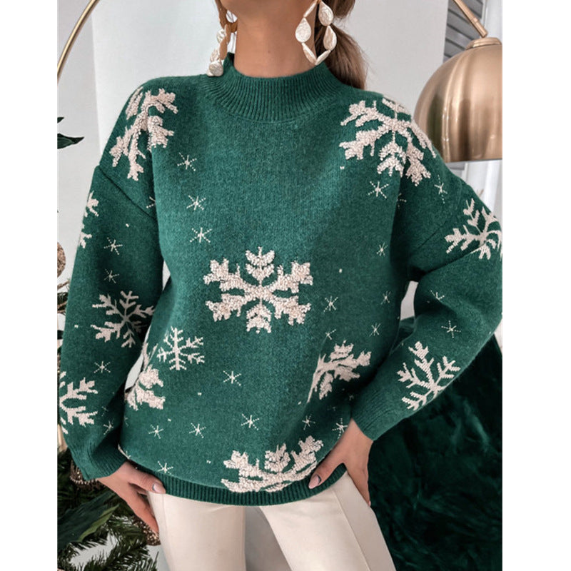 Fall Winter Women's Christmas Sweater Knitted Fluffy Loose Casual Christmas Snowflake Print Long Sleeves Pullovers Tops Streetwear