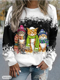 Cross-border Women's Christmas New Snowman And Cat Printed Long Sleeve Casual Loose-fitting T-shirt Christmas Supplies