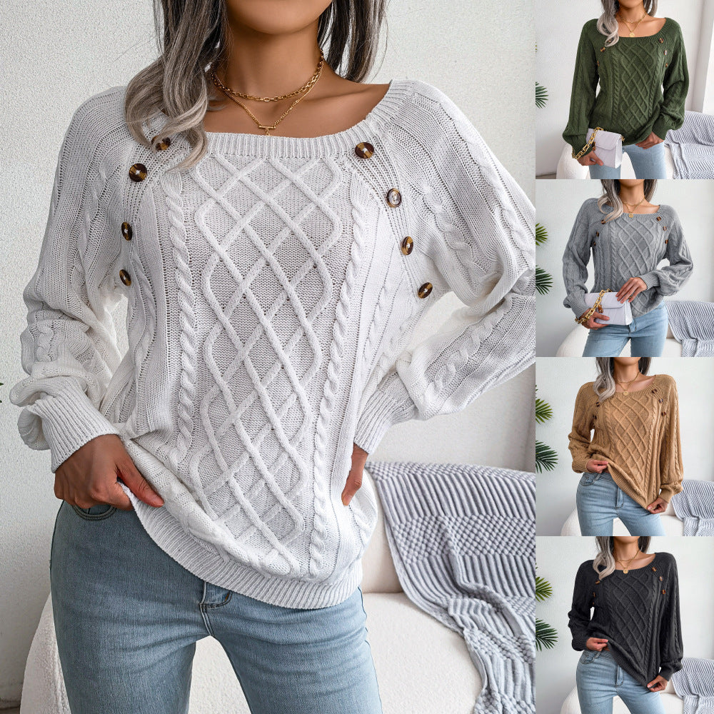 Square Neck Knitted Sweater With Button Design Winter Warm Long Sleeve Tops Women's Clothing