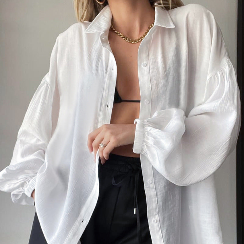 Summer New Lantern Sleeve Transparent Shirt White Coat Casual Women's Clothing