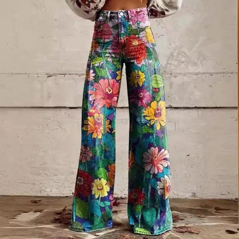 Fashion Women's Printed High Waist Loose Thin Imitation Denim Wide Leg Pants