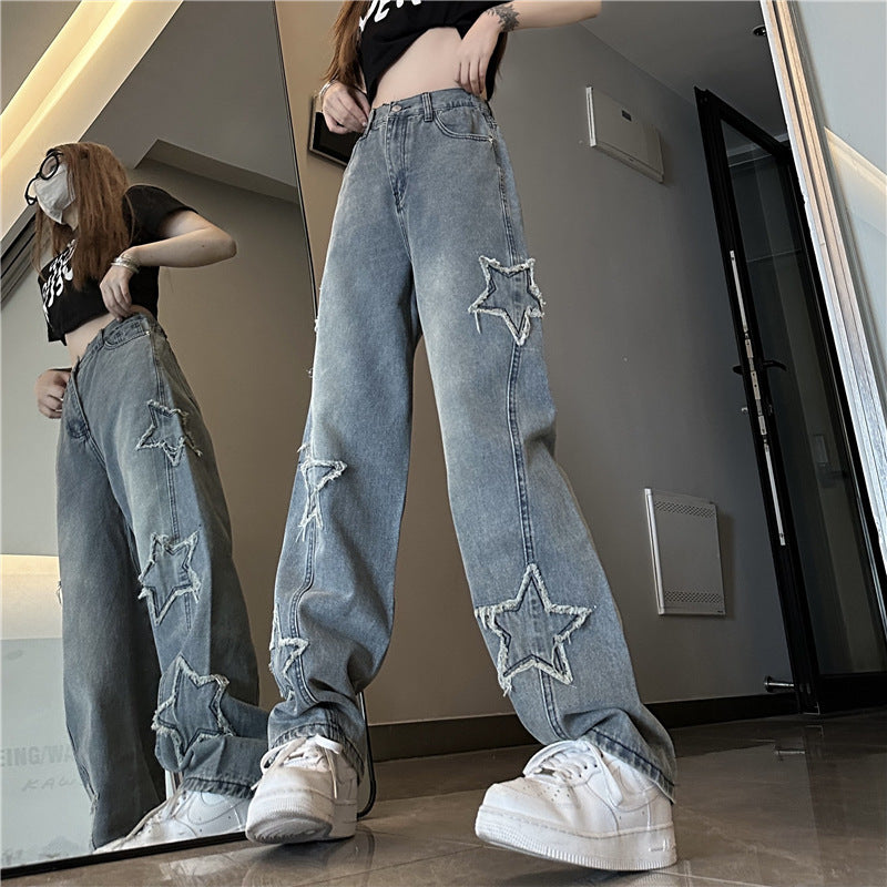 Blue XINGX Embroidered Jeans Women Loose Straight-leg Wide-leg Pants