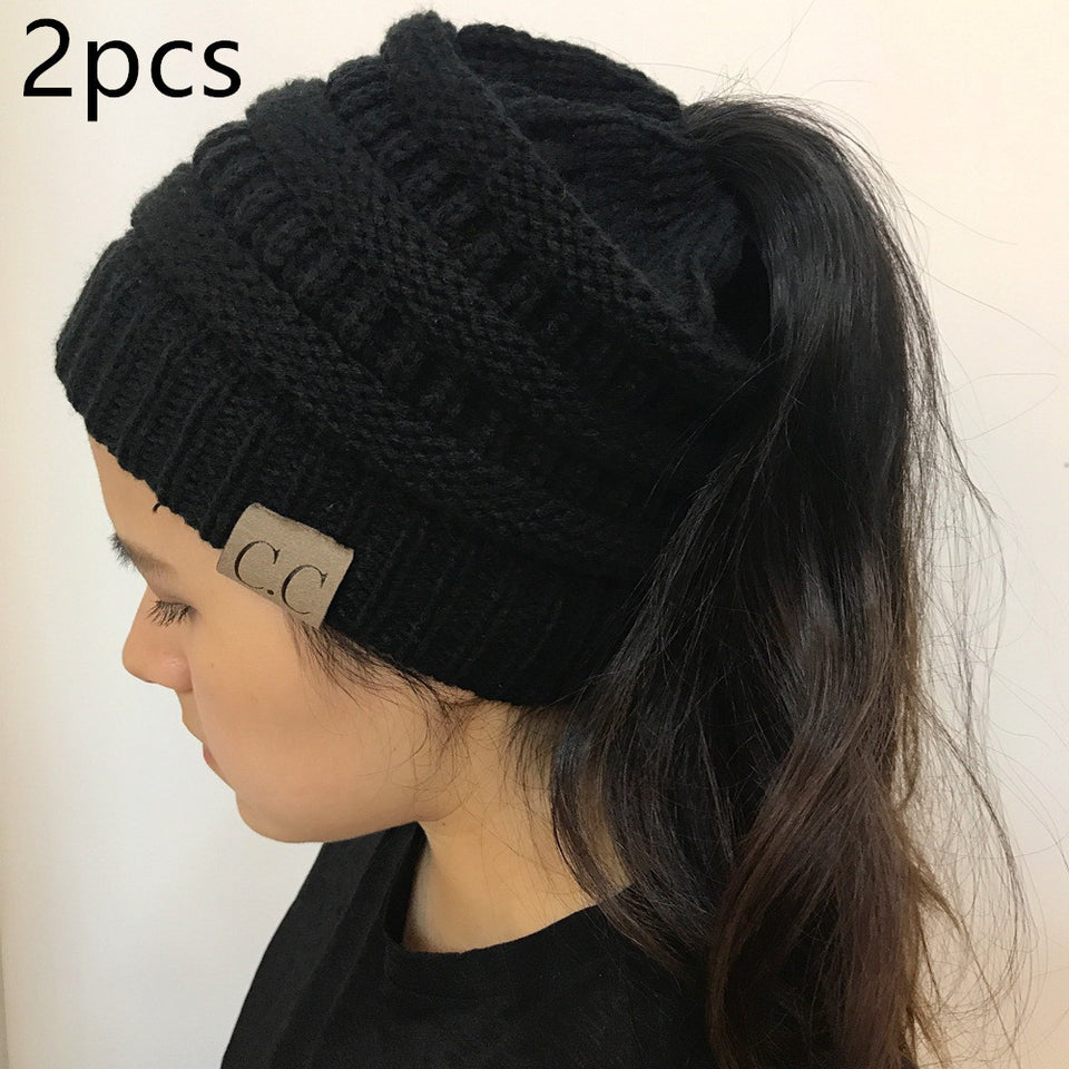 Knitted Ponytail Hat, Women's Wool Hat Fashion