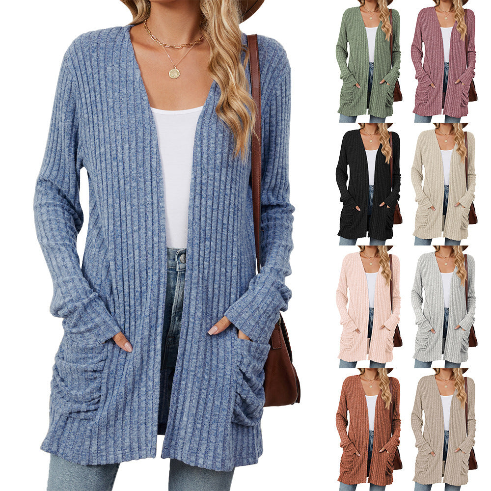 Solid Color Pocket Long Sleeve Bottoming Cardigan Knitwear