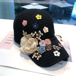 Knitted Flower Rhinestone Baseball Cap Women's Handmade Applique Sunshade