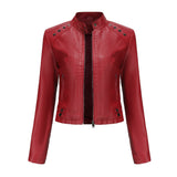 Studded Leather Women Short Jacket Long Sleeves