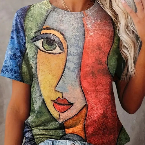 Multicolor Printing Round Neck Short Sleeve T-shirt