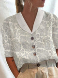 Women's Stand Collar Button Casual Half-sleeve Cotton And Linen Printed Short-sleeved Shirt