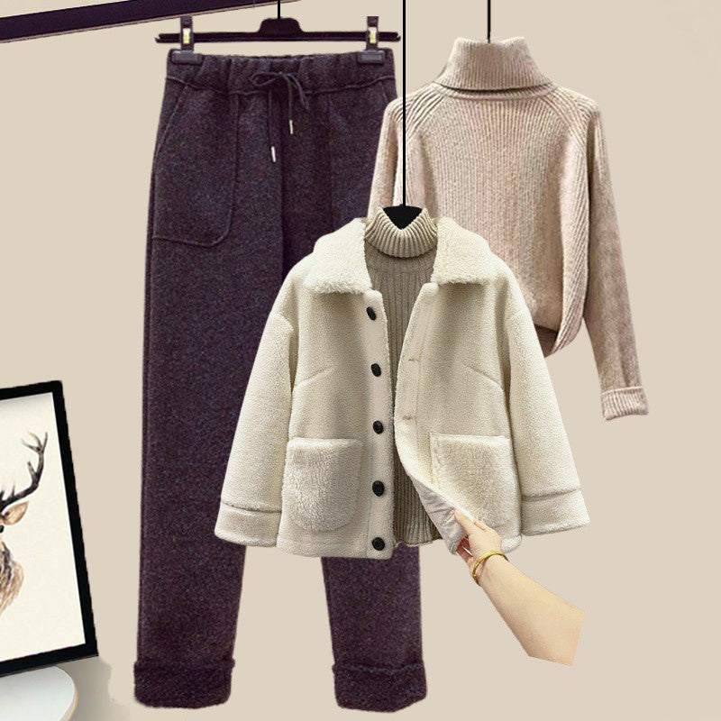 Lamb Wool Fur Sweater Casual Pants Three Piece Set Fashion Suit Women