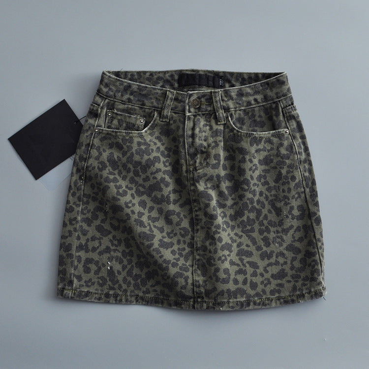 Leopard Print Denim Skirt Women's High Waist