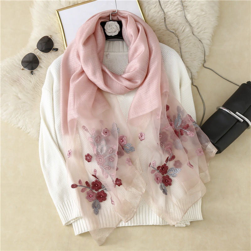 Wool Embroidery Begonia Scarf Long