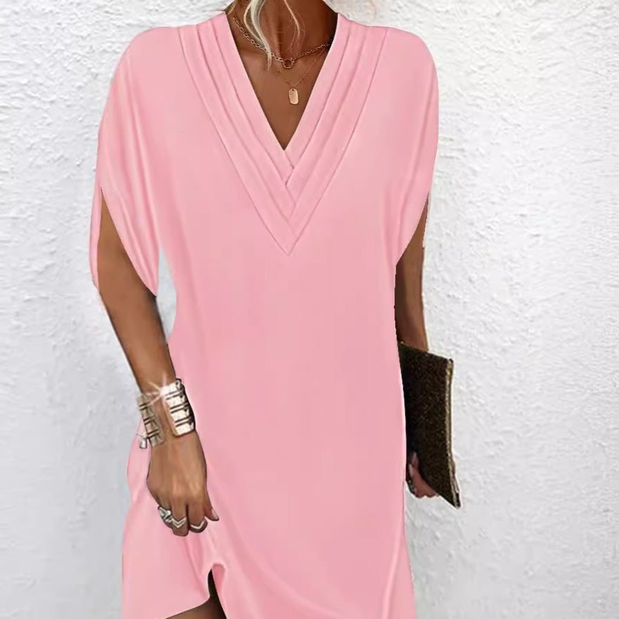 V-neck Pleated Batwing Sleeve Dress