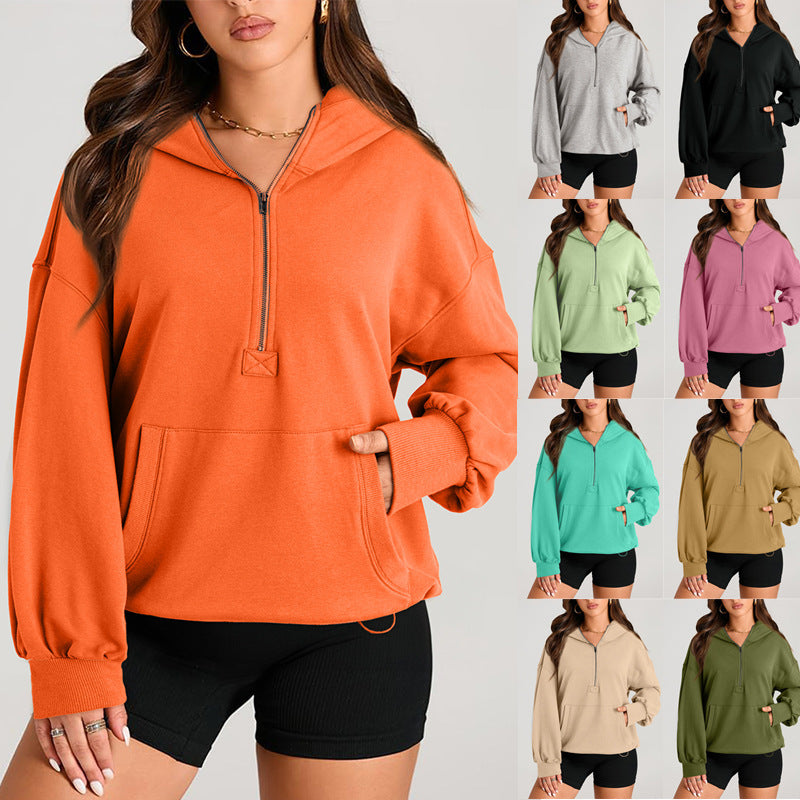 Solid Color Long Sleeve Hooded Zipper Sweatshirt