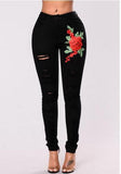 Women's Fashion Embroidery Ripped Black Denim Elastic Pants