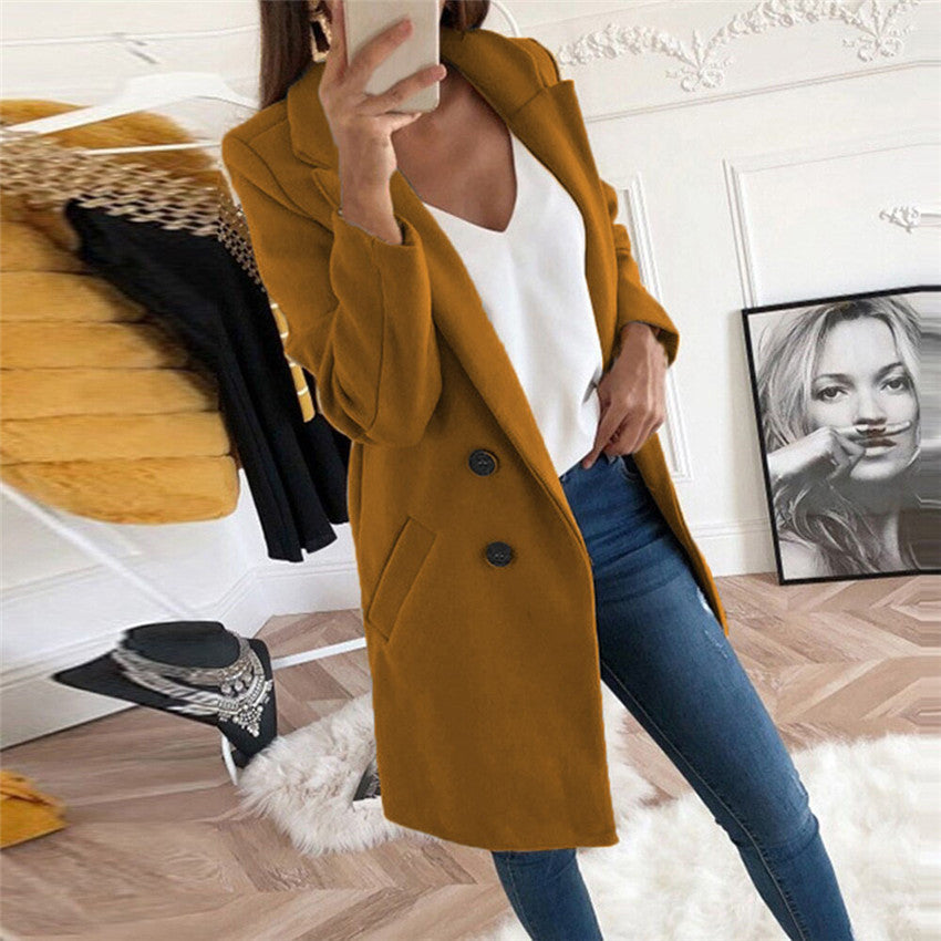 Solid Color Polo Collar Mid-length Button Woolen Coat