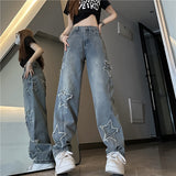 Blue XINGX Embroidered Jeans Women Loose Straight-leg Wide-leg Pants