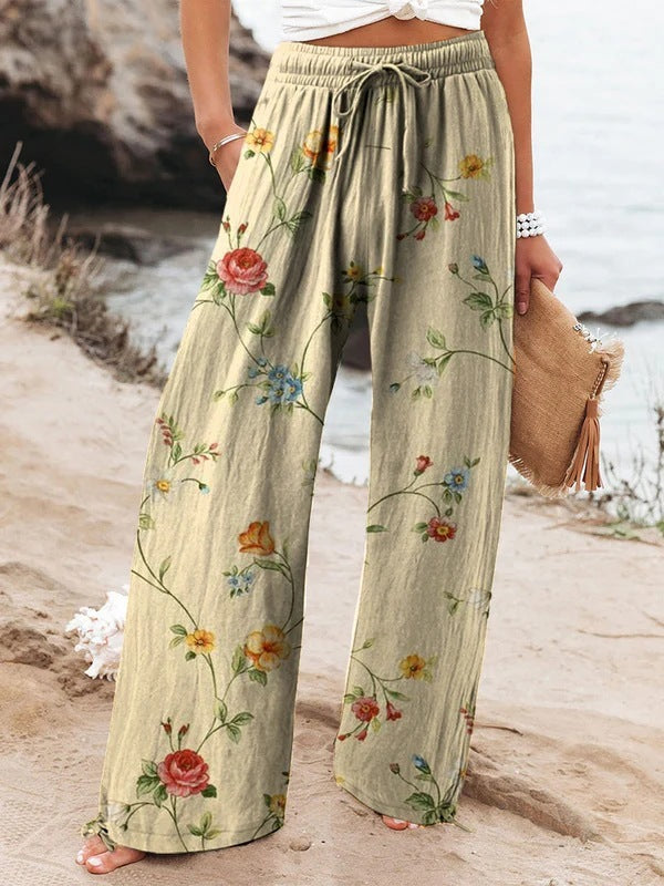 Fashionable Floral Art Printed Elastic Waist Drawstring Pocket Trousers