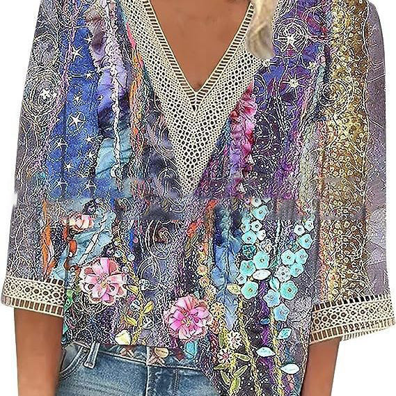 Wear Loose New Floral Print Stitching Lace Half Sleeve V-neck T-shirt