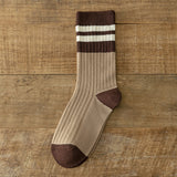 Women's Fashion Simple Coffee Color With Stripes All-matching Embroidered Cotton Socks