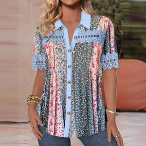 Women's V-neck Buttons Stitching Short Sleeve Casual Printed Shirt