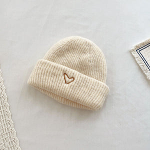 Heart Embroidery Solid Color Children Woolen Knitted Hat