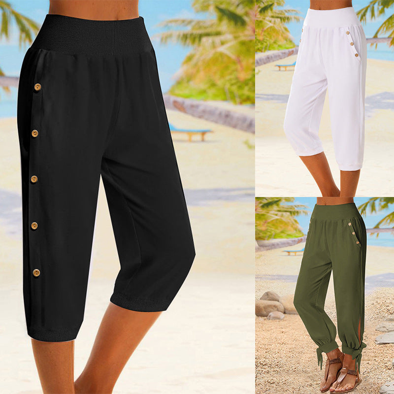 Women's Elastic Waist Fastener Decoration Solid Color Pants