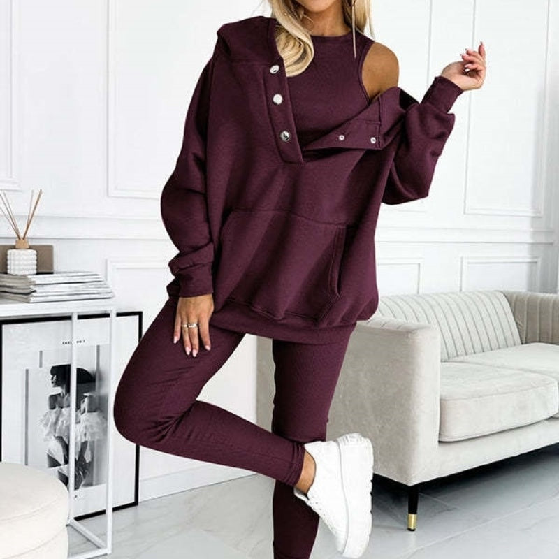 Athleisure Hoodie With Thick Thread Slim-fit Vest Pants Three Pieces Set