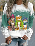 Cross-border Women's Christmas New Snowman And Cat Printed Long Sleeve Casual Loose-fitting T-shirt Christmas Supplies