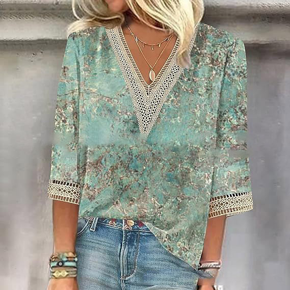 Wear Loose New Floral Print Stitching Lace Half Sleeve V-neck T-shirt