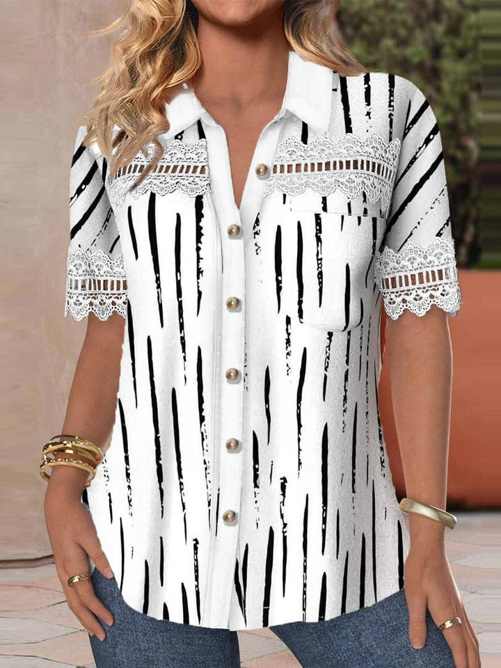 Women's V-neck Buttons Stitching Short Sleeve Casual Printed Shirt