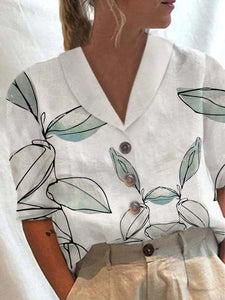 Women's Stand Collar Button Casual Half-sleeve Cotton And Linen Printed Short-sleeved Shirt