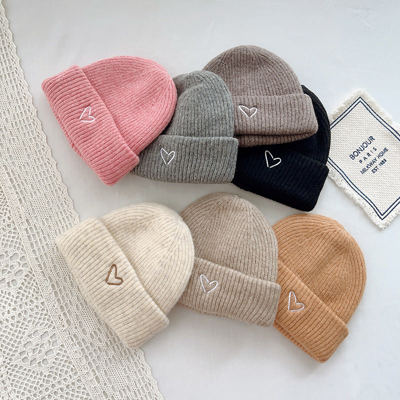 Heart Embroidery Solid Color Children Woolen Knitted Hat