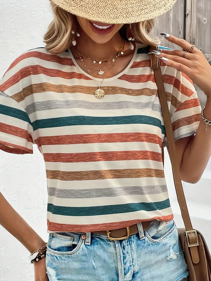 Women's Striped Fashionable Round Neck Short Sleeved T-shirt