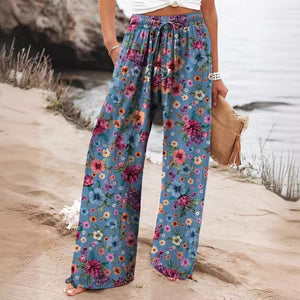 Fashionable Floral Art Printed Elastic Waist Drawstring Pocket Trousers