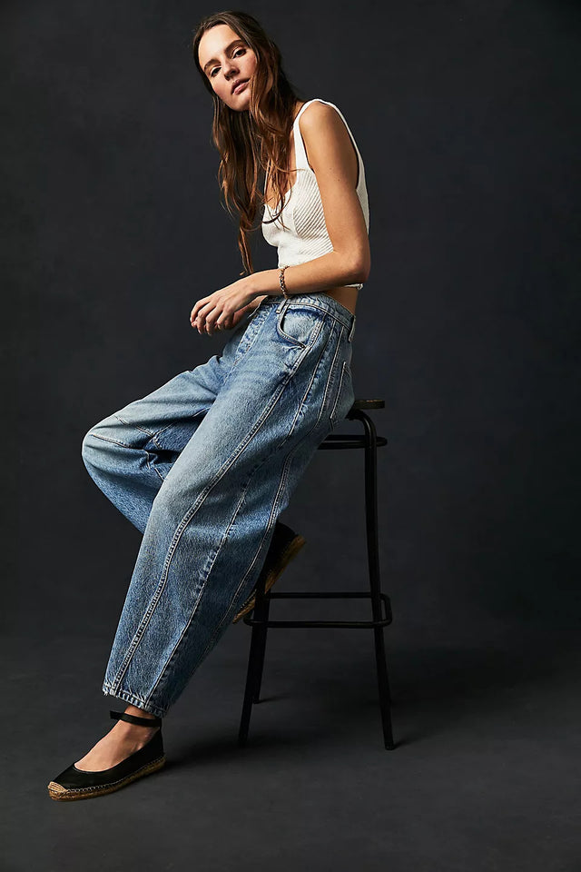 High Stretch Mid-Rise Barrel Jeans Fashion Wide Leg Shape Women Casual Baggy Mid Waist Denim Jeans