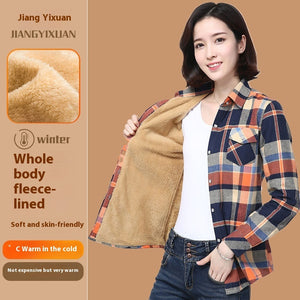 Middle-aged And Elderly Fleece-lined Thickened Cold Protection Plaid Long-sleeved Shirt